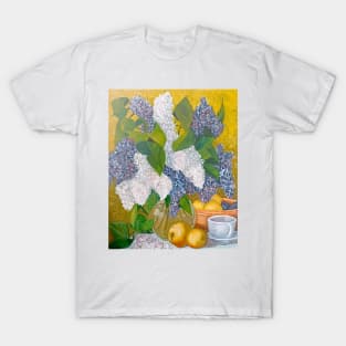 Still life with a bouquet of lilacs and fruits T-Shirt